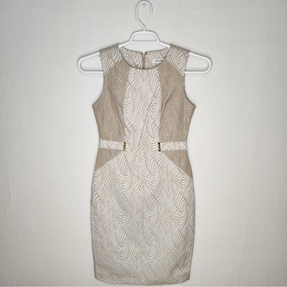 Calvin Klein Cream Sheath Mini Dress Mock Neck Cut Out